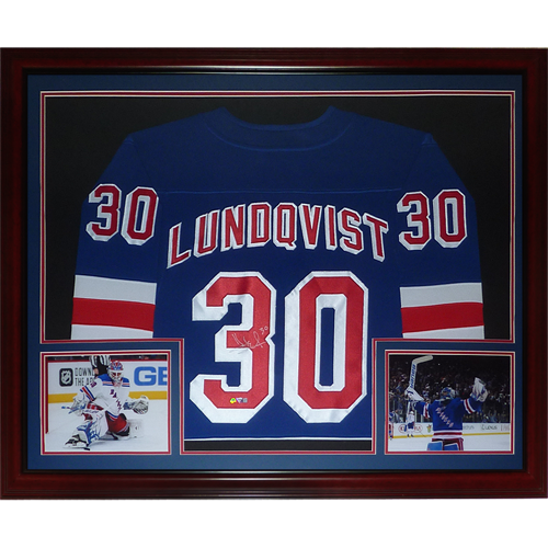 Henrik Lundqvist New York Rangers Autographed 16 x 20 Blue Jersey in Net  Photograph with Multiple Inscriptions - Limited Edition #30 of 30