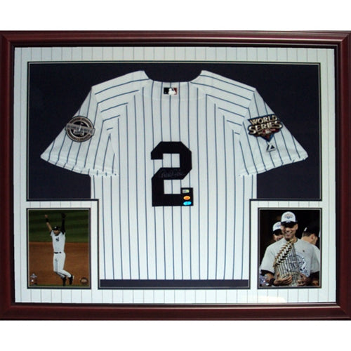 Derek Jeter Autographed New York Yankees (Pinstripe #2 2009 World Series  Patches) Deluxe Framed Jersey - Steiner