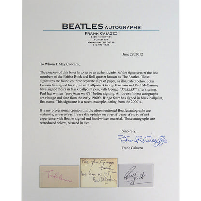 The Beatles Band Autographed Cut Music Display 15 by 30 Framed Piece - JSA , BAS , Caiazzo