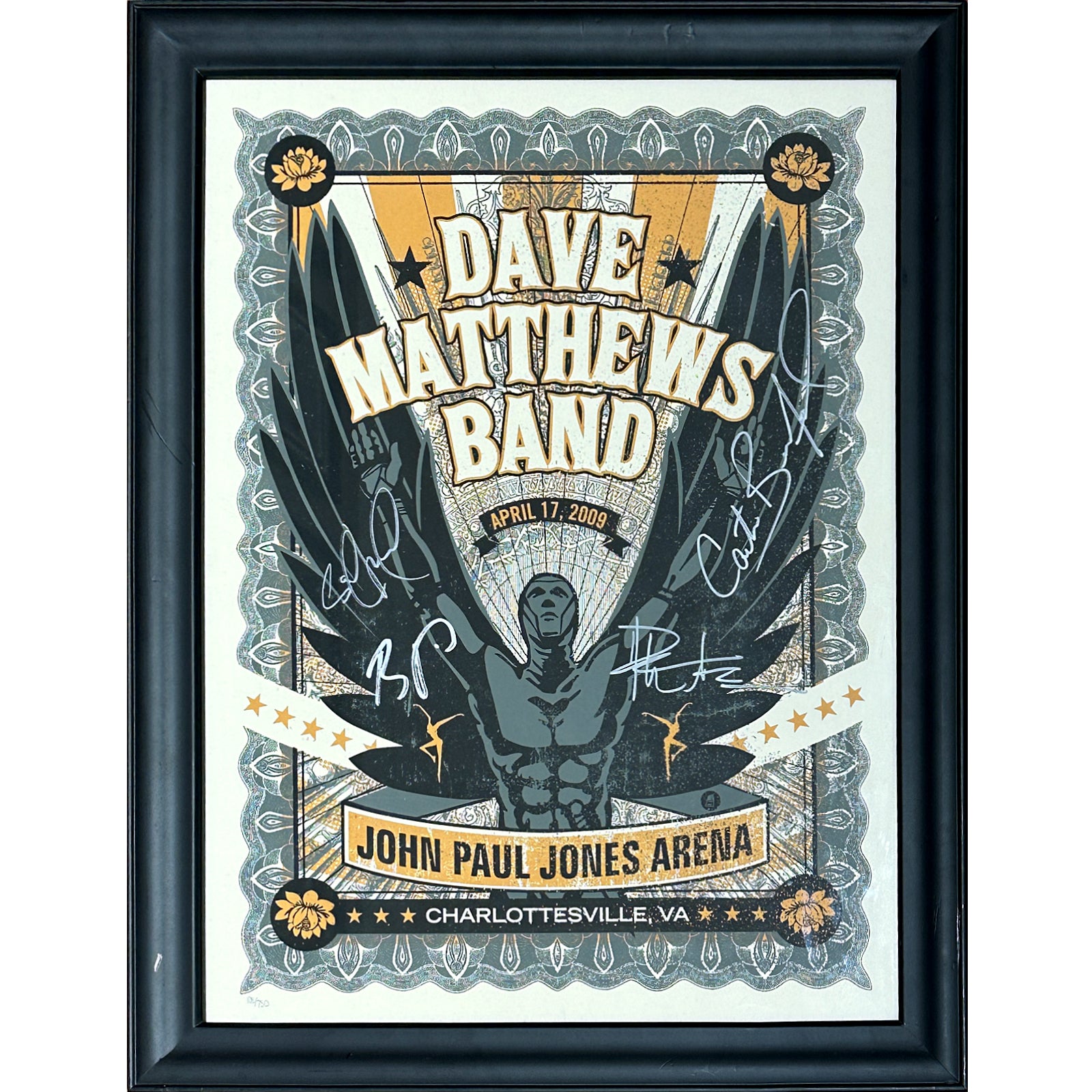 Dave Matthews Band Autographed Music Poster Deluxe Framed and signed by the Band - JSA Letter