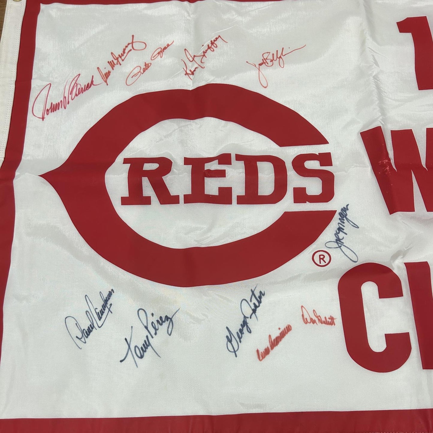 1975 World Champions Cincinnati Reds Multi Autographed Flag Flown at the Stadium - JSA