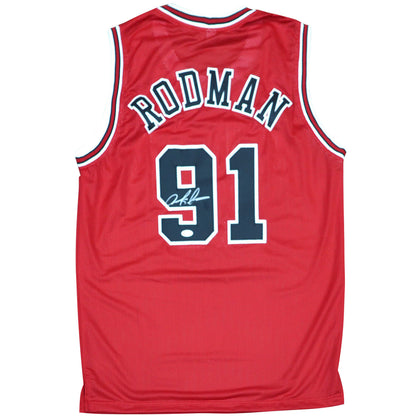 Dennis Rodman Autographed Chicago Bulls (Red #91) Jersey - JSA