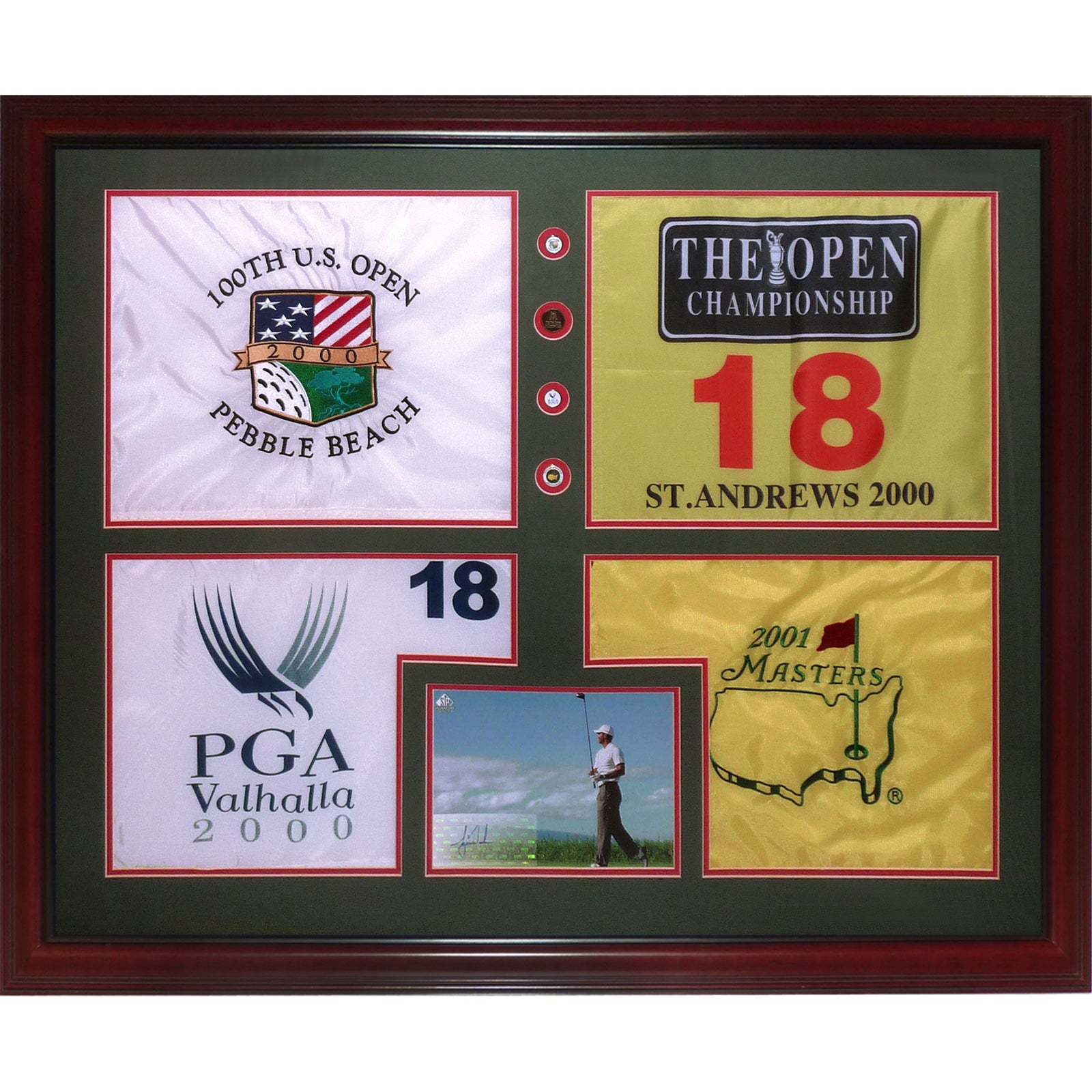 Tiger Woods Autographed Tiger Slam Deluxe Framed Piece - 2000 US Open, British Open, PGA Championship, 2001 Masters