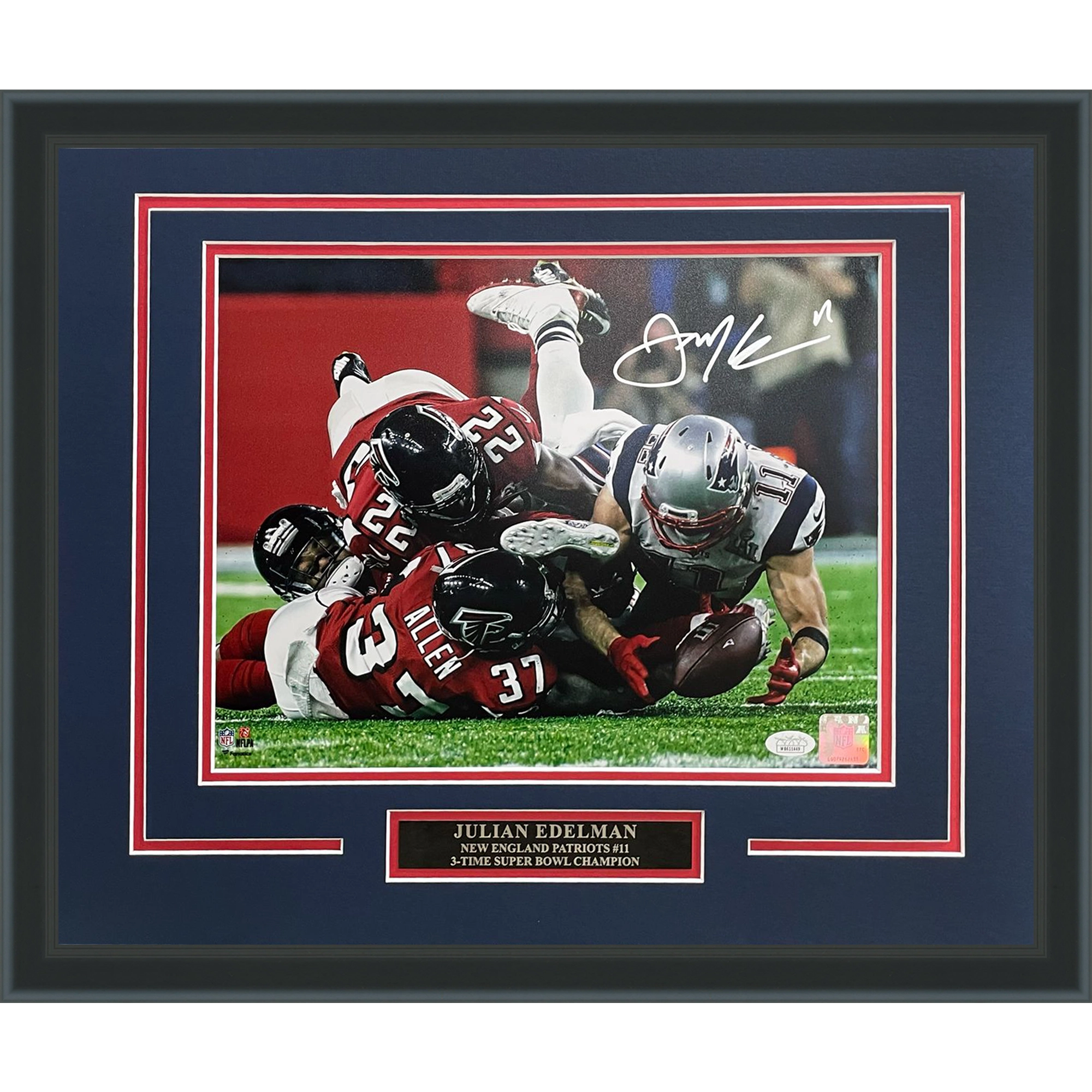 Julian Edelman Autographed New England Patriots (SB LI Catch) Deluxe Framed 11x14 Photo - JSA