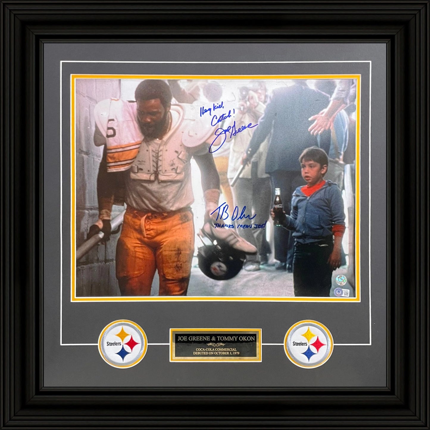 Joe Greene And Tommy Okon (Actor) Dual Autographed Pittsburgh Steelers Coke Commercial Deluxe Framed 16x20 Photo - JSA