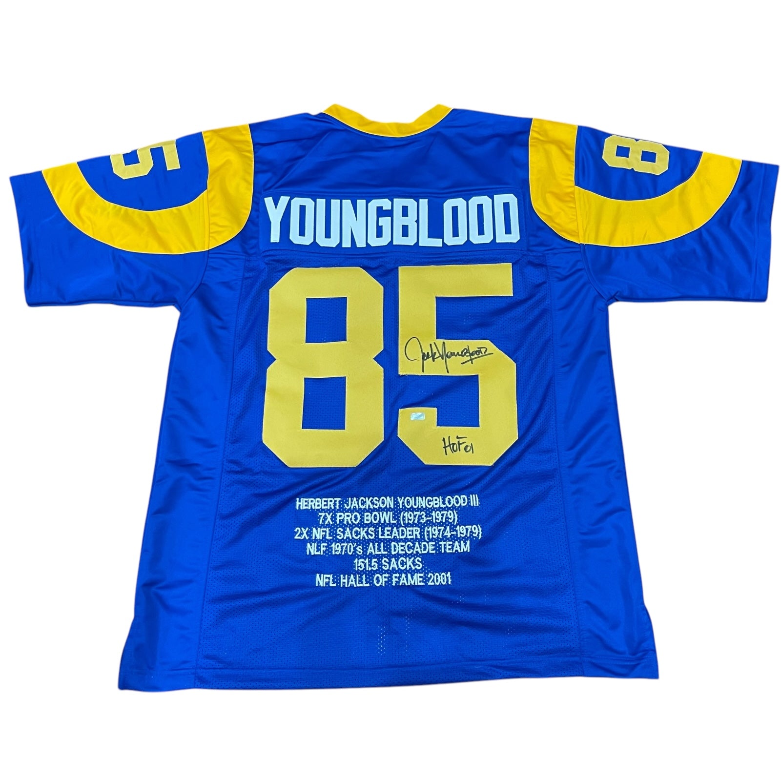 Jack Youngblood Autographed Los Angeles (Blue #85) Career Stat Custom Jersey w/ HOF 01