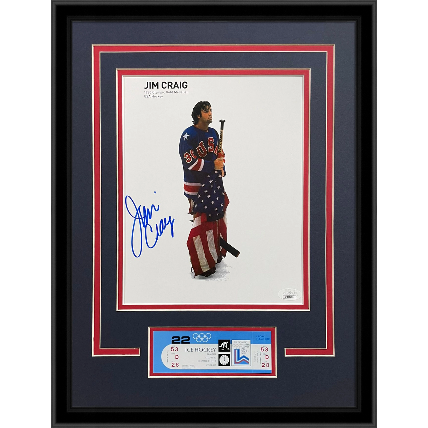 Jim Craig Autographed 1980 USA Hockey Holding Flag Deluxe Framed 8x10 Photo w/ Replica Olympics Ticket - JSA