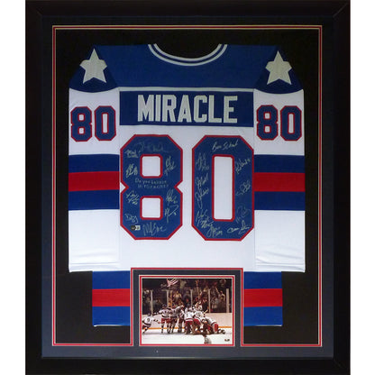 Framed hockey jersey and details from college hockey team