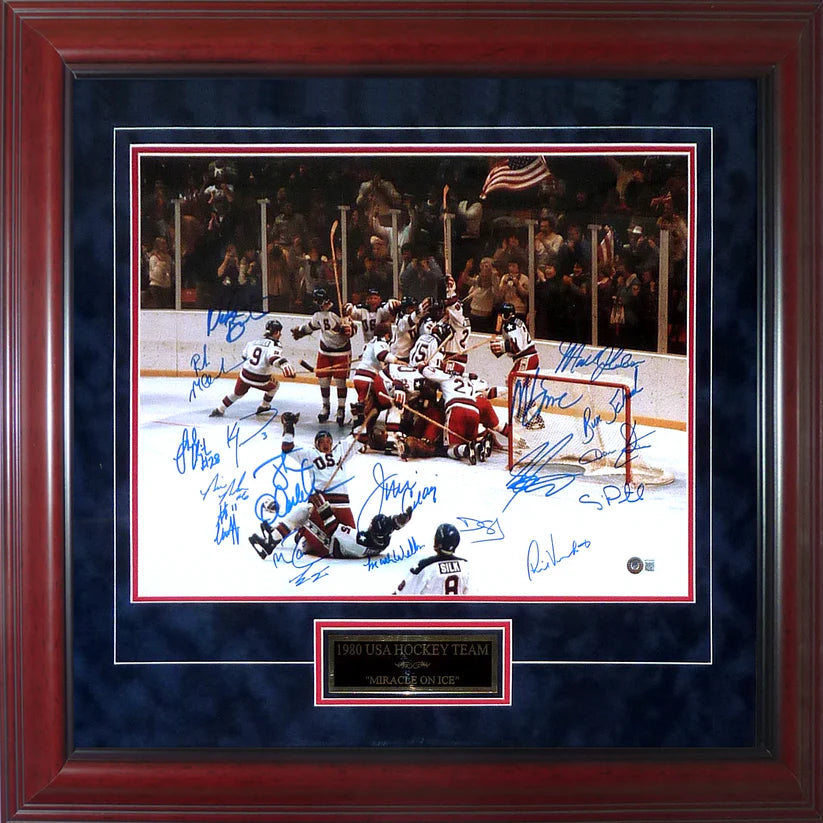 1980 U.S. Olympic Hockey Team Autographed (Miracle On Ice) Deluxe Framed 16x20 Photo - 18 Team Member Signatures - Beckett Witnessed