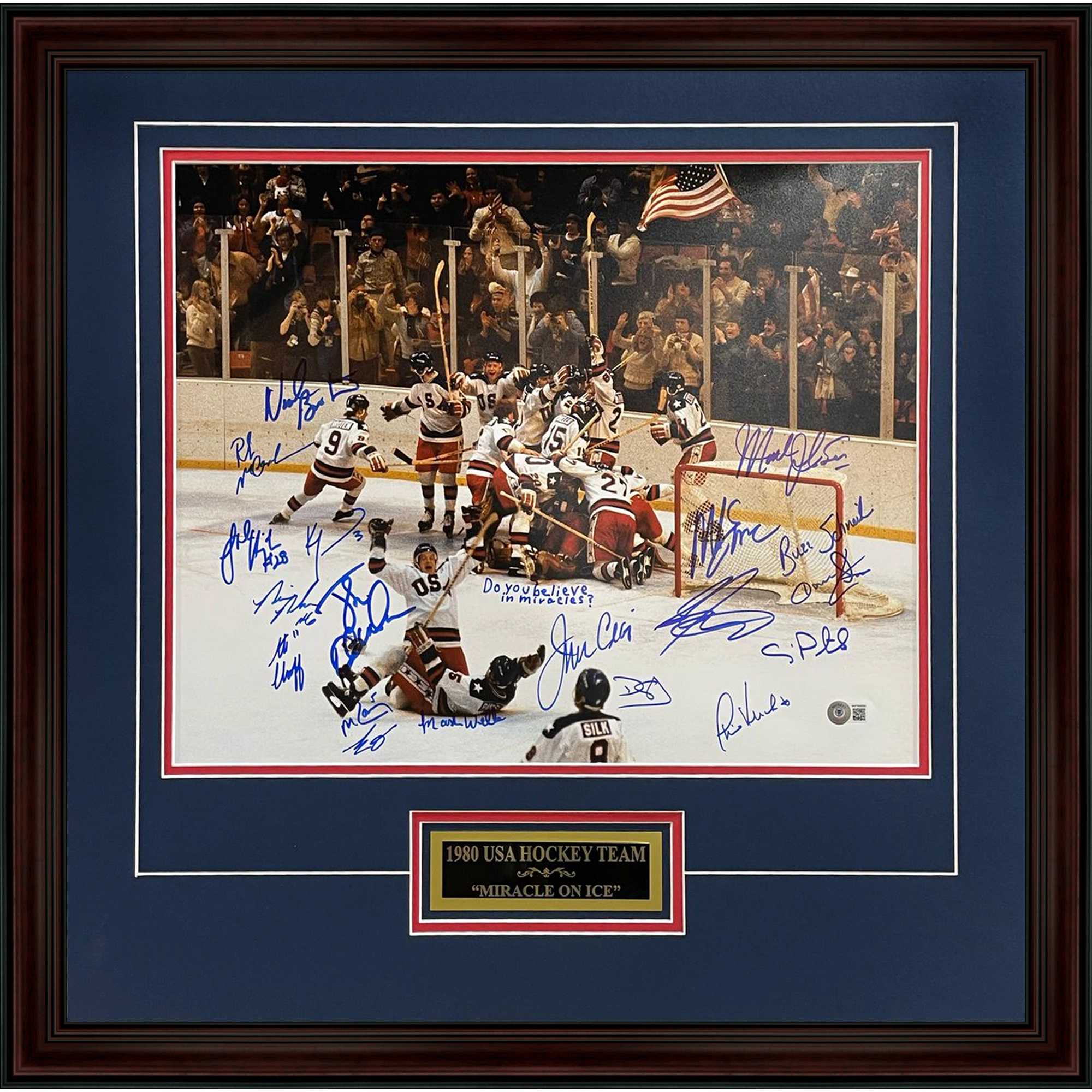 1980 U.S. Olympic Hockey Team Autographed (Miracle On Ice) Deluxe Framed 16x20 Photo - 18 Team Member Signatures - Beckett Witnessed