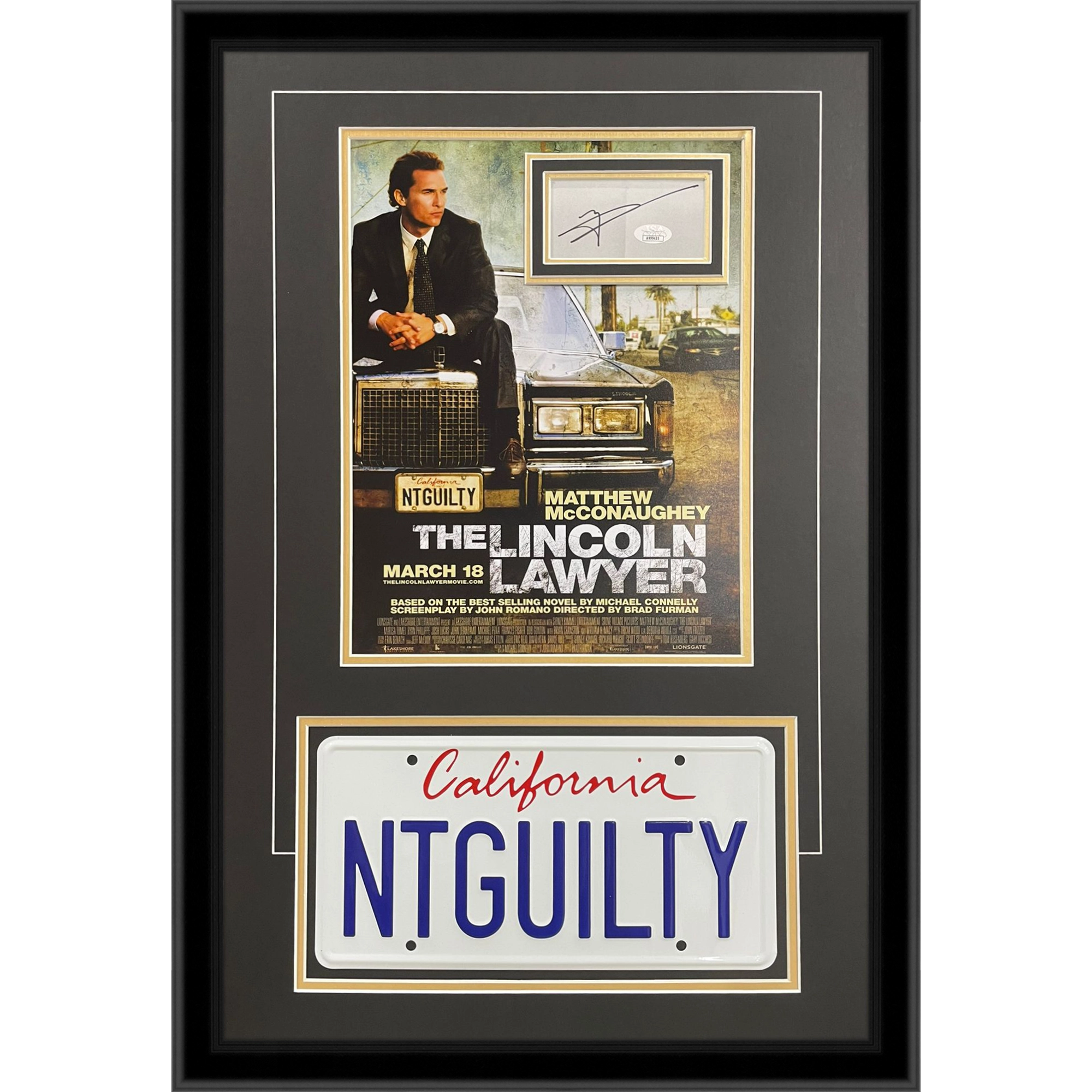 Matthew McConaughey Autographed Lincoln Lawyer Deluxe Framed Piece with 11x14 Movie Poster and NTGUILTY License Plate - JSA