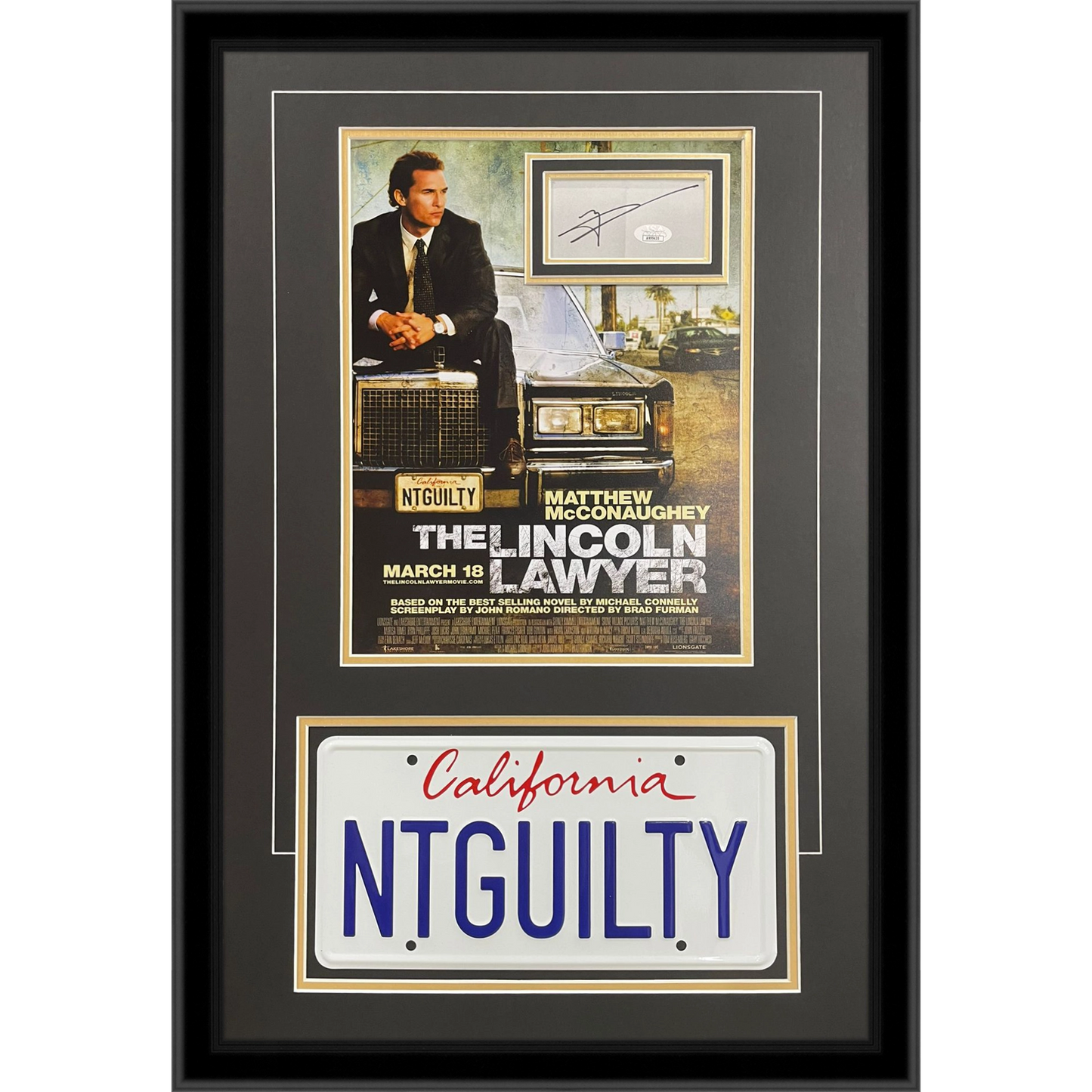 Matthew McConaughey Autographed Lincoln Lawyer Deluxe Framed Piece with 11x14 Movie Poster and NTGUILTY License Plate - JSA