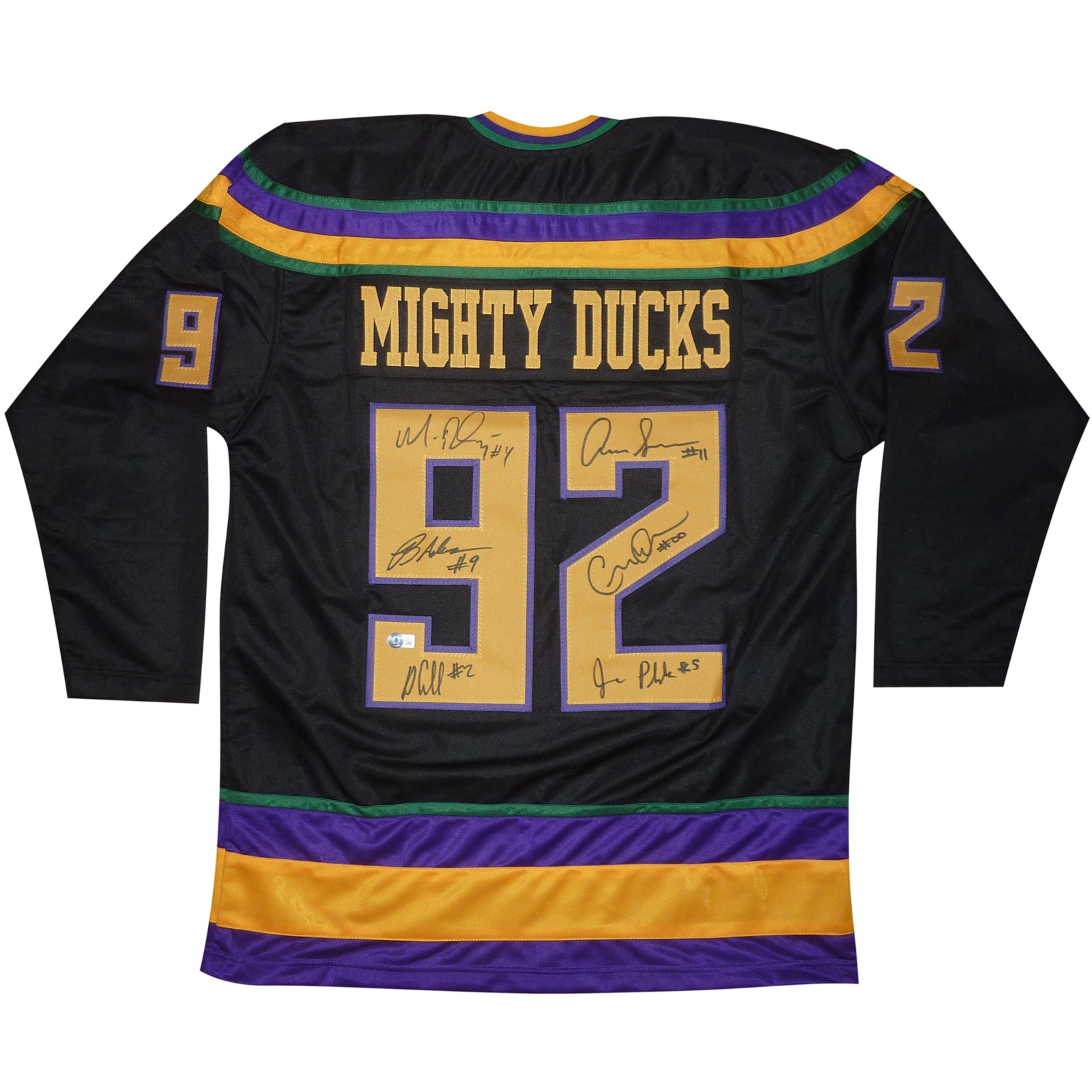 Mighty Ducks Cast Autographed (Black #92) Custom Hockey Jersey - 6 Signatures - Beckett