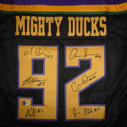 Mighty Ducks Cast Autographed (Black #92) Custom Hockey Jersey - 6 Signatures - Beckett