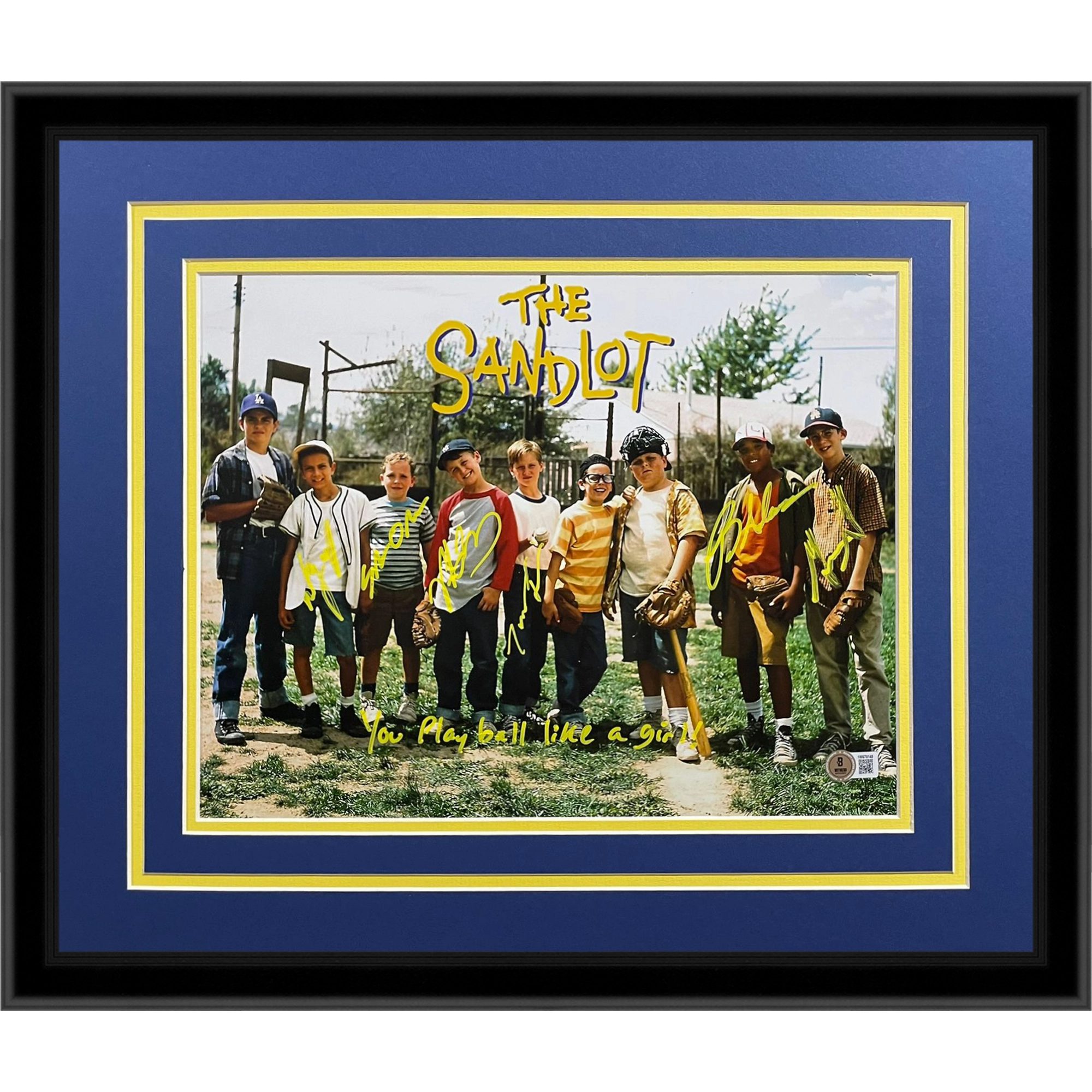 The Sandlot Cast Autographed Horiz (Lineup) Deluxe Framed 11x14 Movie Photo w/ Inscr - 6 signatures - Beckett
