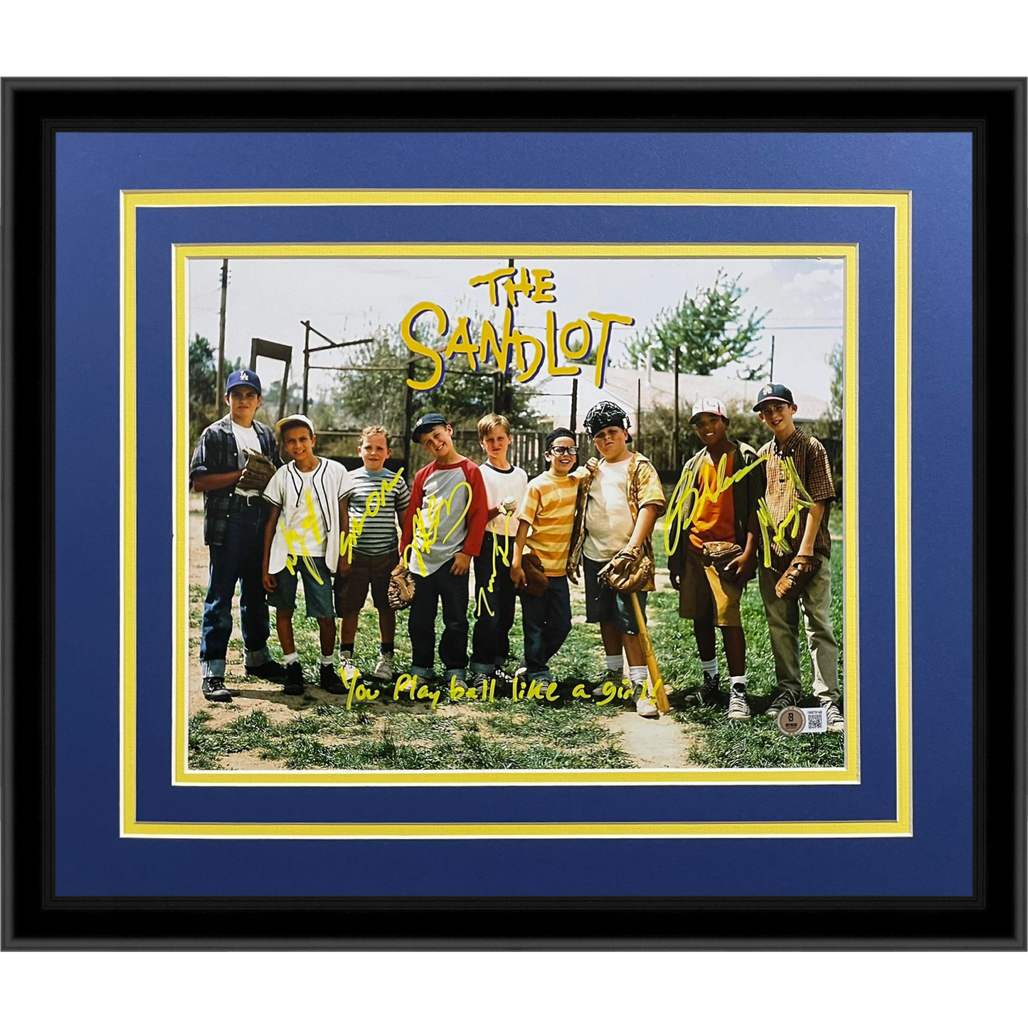 The Sandlot Cast Autographed Horiz (Lineup) Deluxe Framed 11x14 Movie Photo w/ Inscr - 6 signatures - Beckett