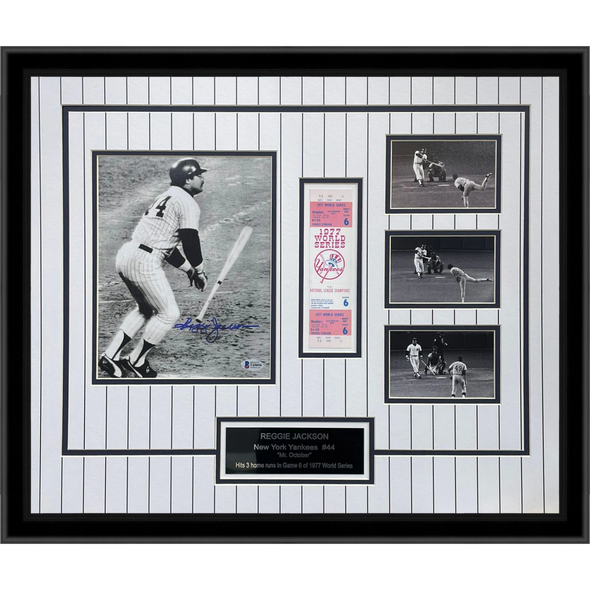 Reggie Jackson Autographed New York Yankees (3 WS HR) Deluxe Framed 8x10 Photo with 1977 World Series Replica Ticket Stub - Beckett