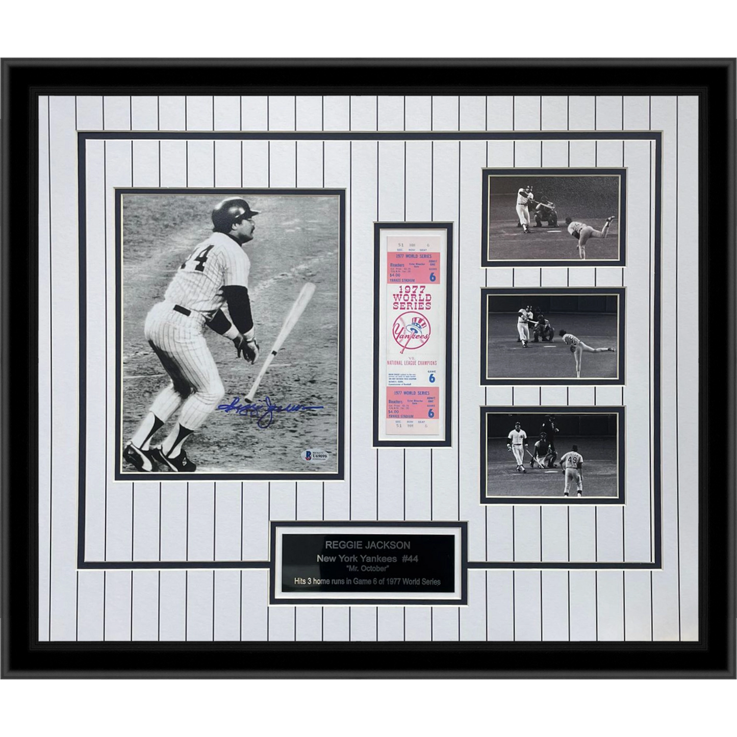 Reggie Jackson Autographed New York Yankees (3 WS HR) Deluxe Framed 8x10 Photo with 1977 World Series Replica Ticket Stub - Beckett