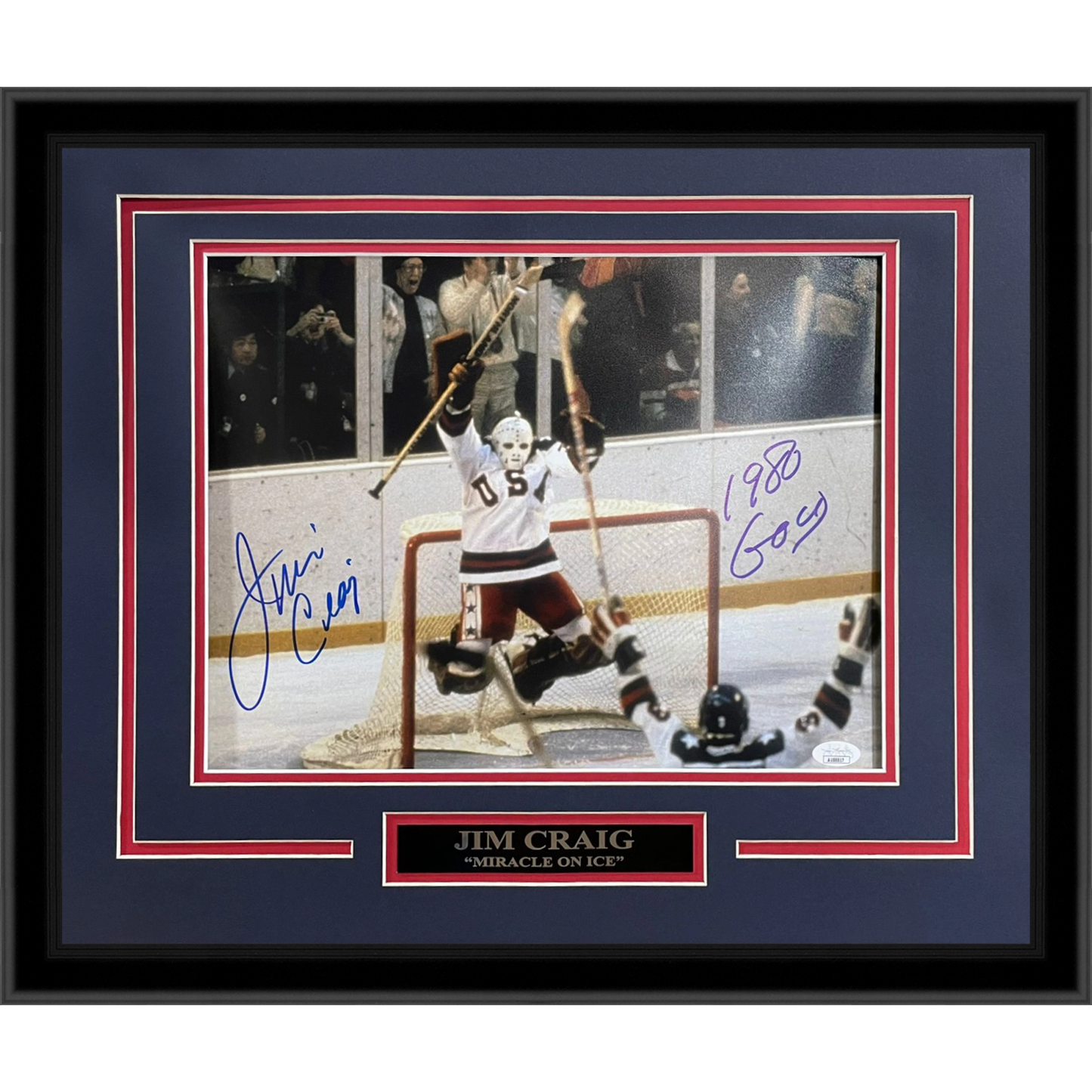 Jim Craig Autographed 1980 USA Hockey Celebration Deluxe Framed 11x14 Photo "80 Gold" - JSA