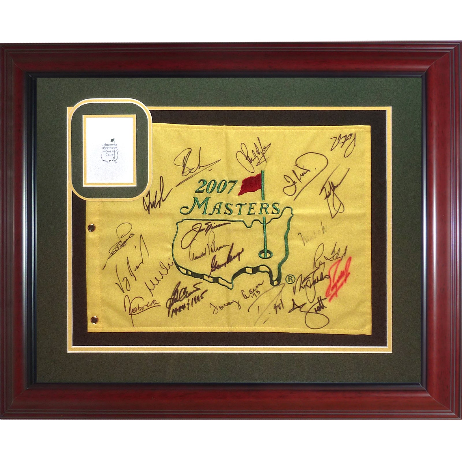 Masters Golf Pin Flag Autographed by 21 Former Champions Deluxe Framed Suede Matting - Nicklaus, Palmer, Player - JSA