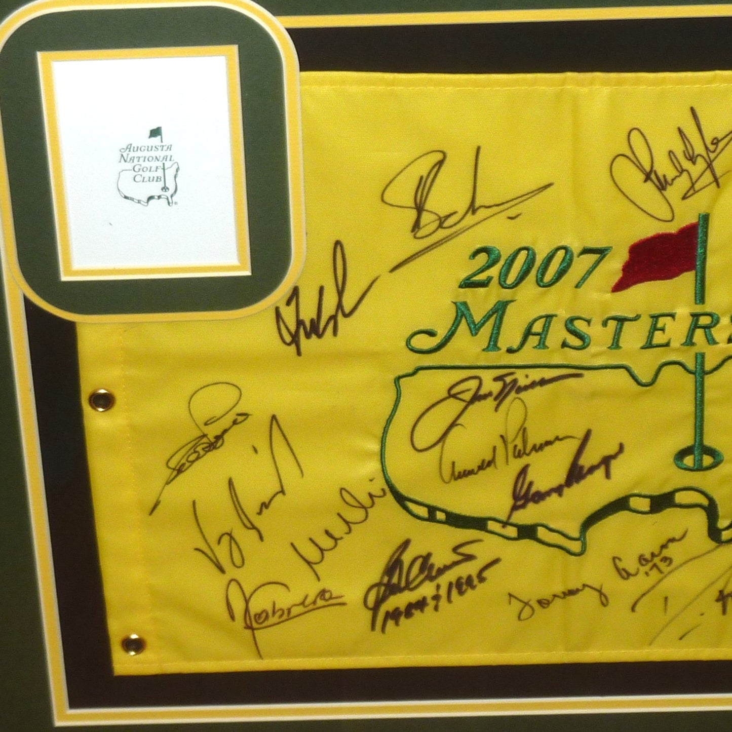 Masters Golf Pin Flag Autographed by 21 Former Champions Deluxe Framed Suede Matting - Nicklaus, Palmer, Player - JSA