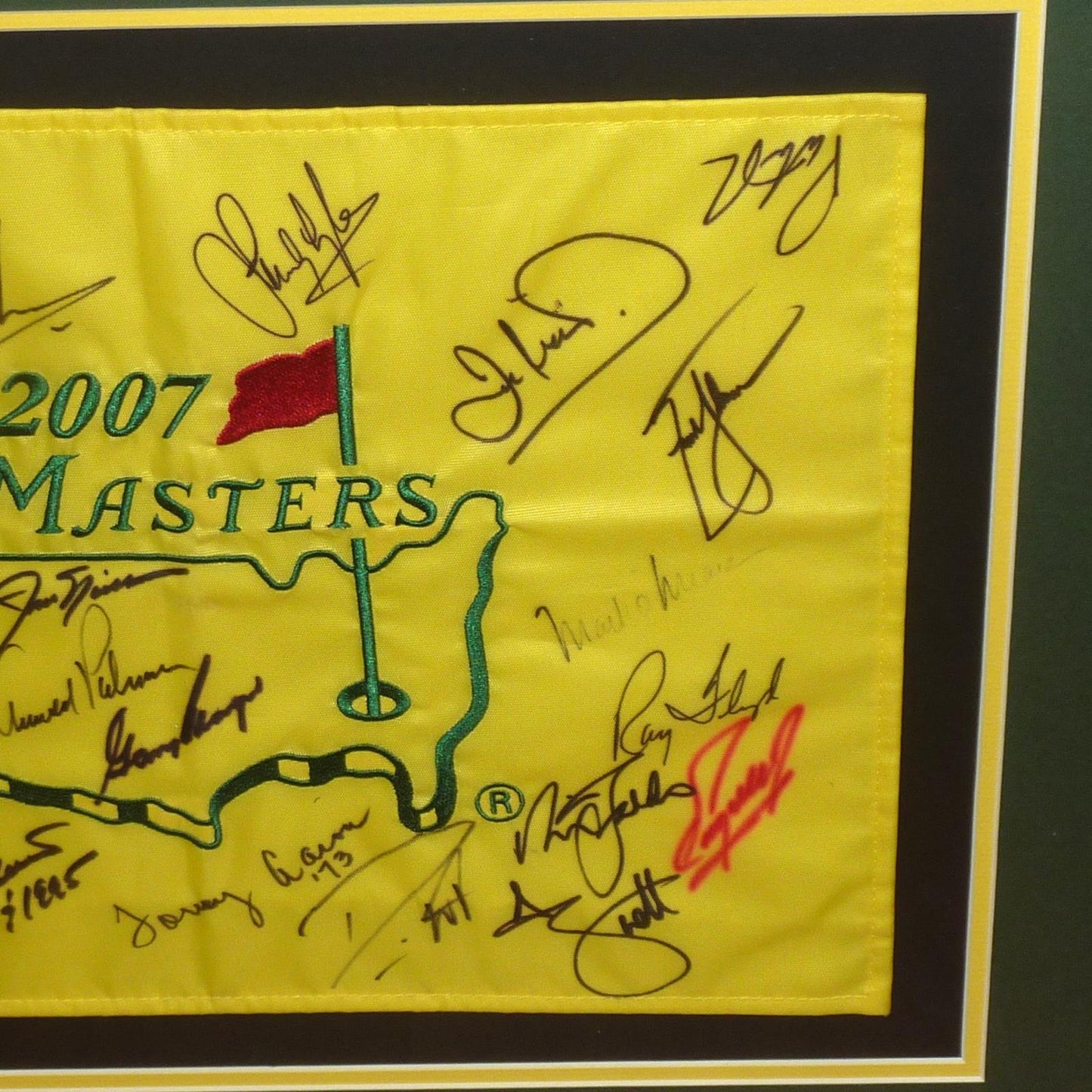 Masters Golf Pin Flag Autographed by 21 Former Champions Deluxe Framed Suede Matting - Nicklaus, Palmer, Player - JSA