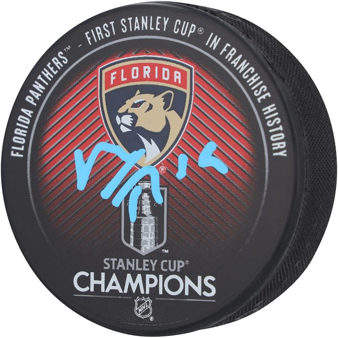 Matthew Tkachuk Autographed Florida Panthers (2024 Stanley Cup Champions) Logo Hockey Puck - Fanatics