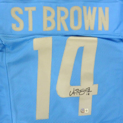 Amon-Ra St Brown Autographed Detroit (Blue #14) Custom Jersey - Beckett