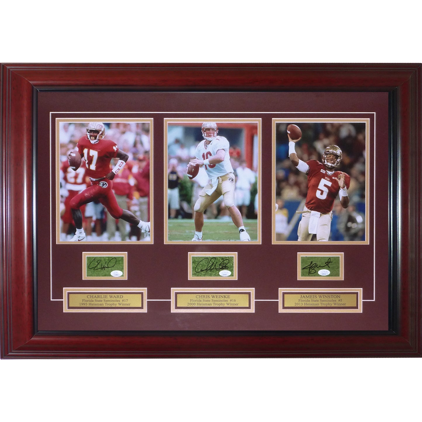 Charlie Ward, Chris Weinke And Jameis Winston Autographed FSU Florida State Seminoles Deluxe Framed Triple Heisman Piece with Cut Signatures - JSA