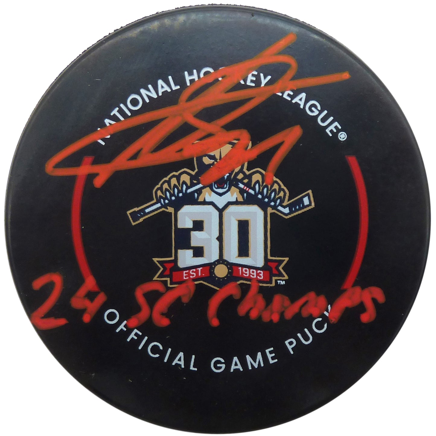 Sergei Bobrovsky Autographed Florida Panthers (Official Game 30th) Hockey Puck w/ "24 SC Champs" - Beckett