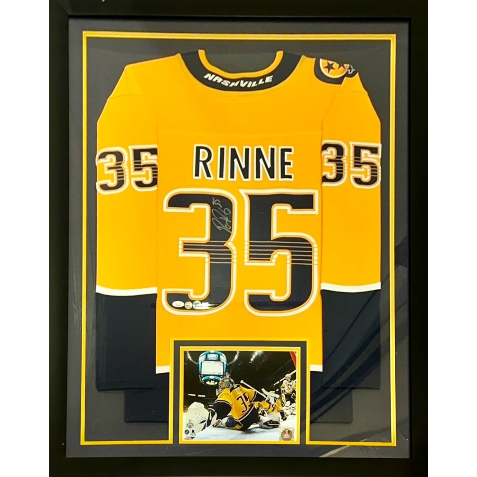 Pekka Rinne Autographed Nashville Predators (Gold #35) Vertical Framed Jersey - JSA