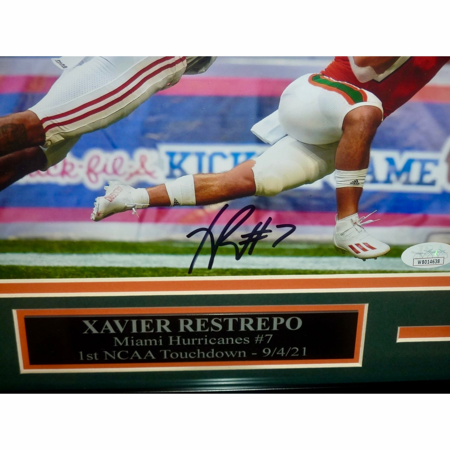 Xavier Restrepo Autographed Miami Hurricanes (1st NCAA TD) Deluxe Framed 8x10 Photo - JSA