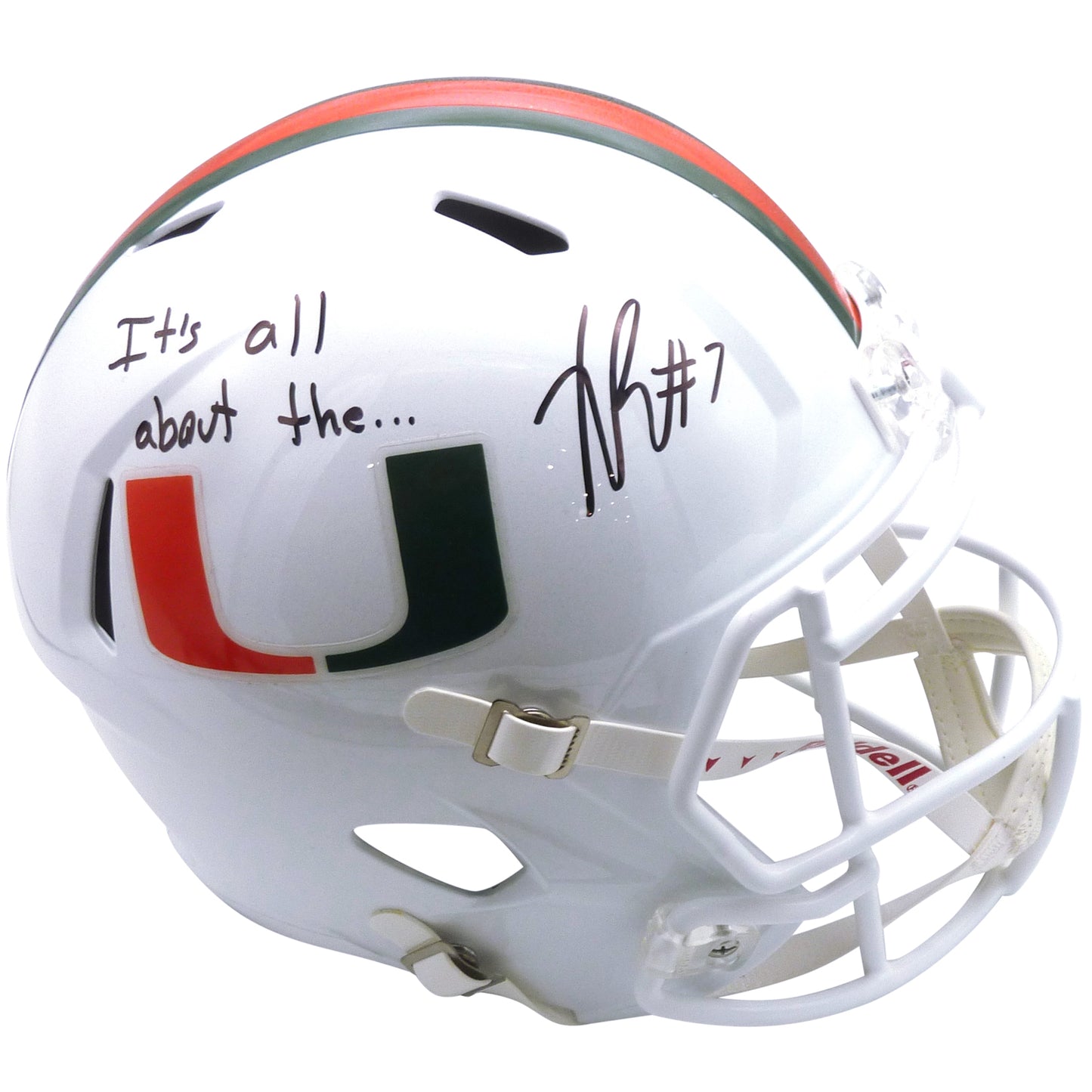 Xavier Restrepo Autographed Miami Hurricanes (Speed) Deluxe Full-Size Replica Helmet w/ "Its All About The U" - JSA