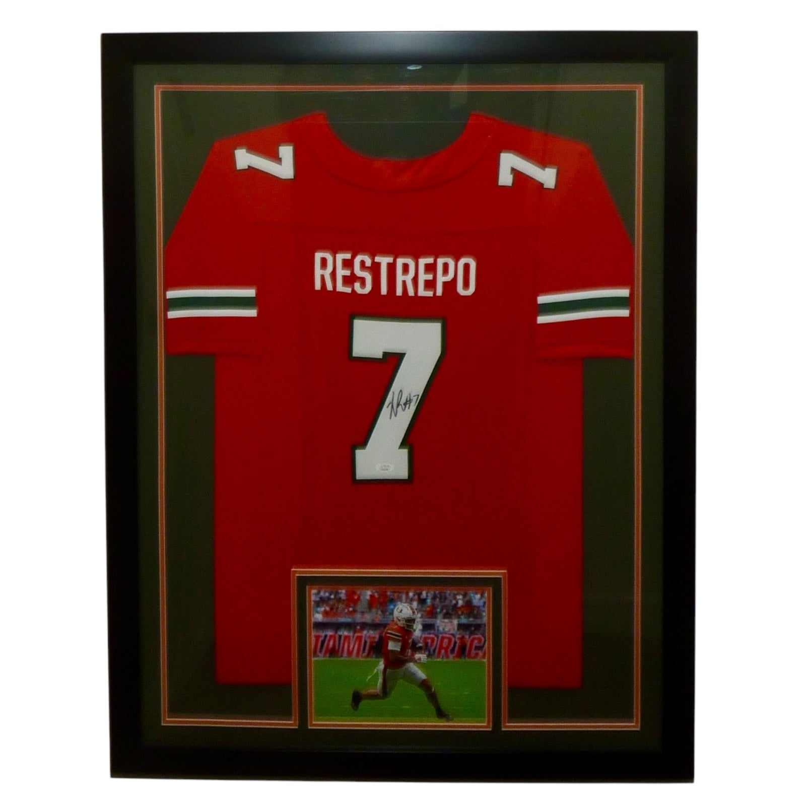 Xavier Restrepo Autographed Miami Hurricanes (Orange #7 Adidas) Framed Jersey - JSA