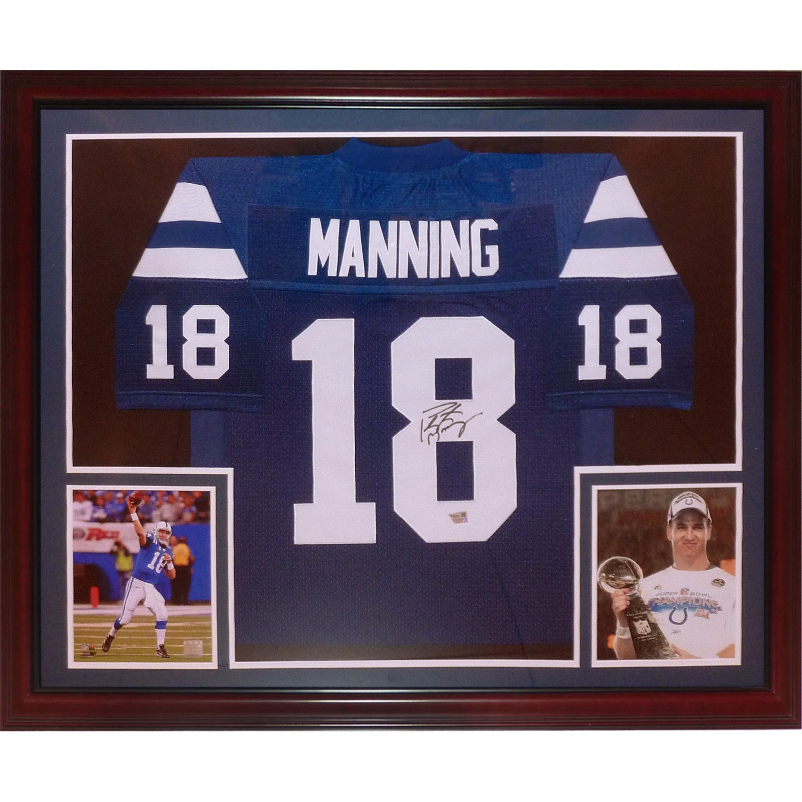 Peyton Manning Autographed Indianapolis Colts (Blue #18) Deluxe Framed Jersey - Fanatics