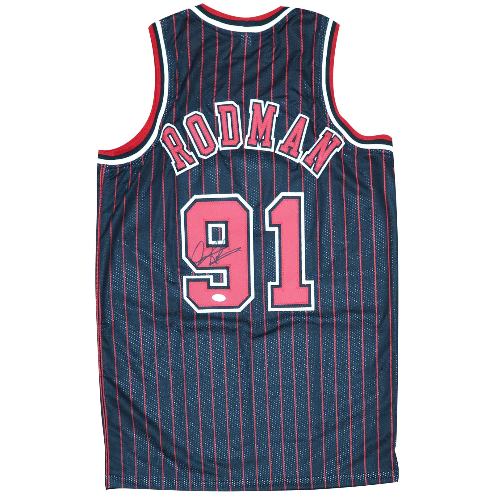 Dennis Rodman Autographed Chicago Bulls (Black Pinstripe #91) Jersey - JSA