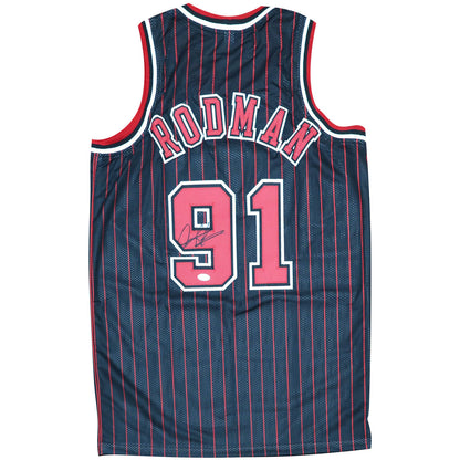 Dennis Rodman Autographed Chicago Bulls (Black Pinstripe #91) Jersey - JSA