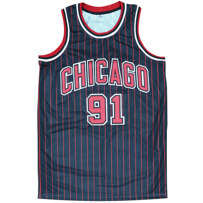 Dennis Rodman Autographed Chicago Bulls (Black Pinstripe #91) Jersey - JSA