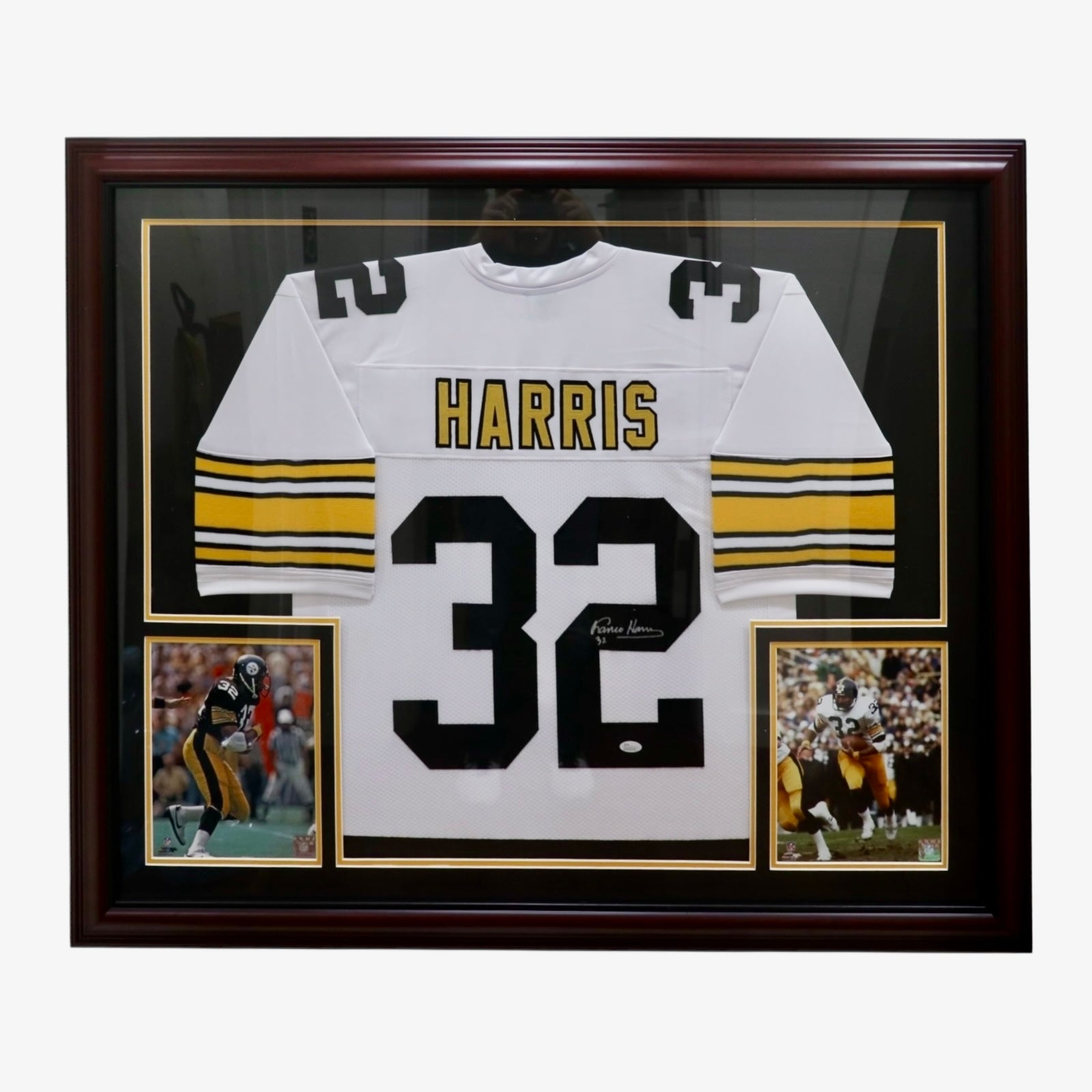 Franco Harris Autographed Pittsburgh (White #32) Deluxe Framed Jersey JSA