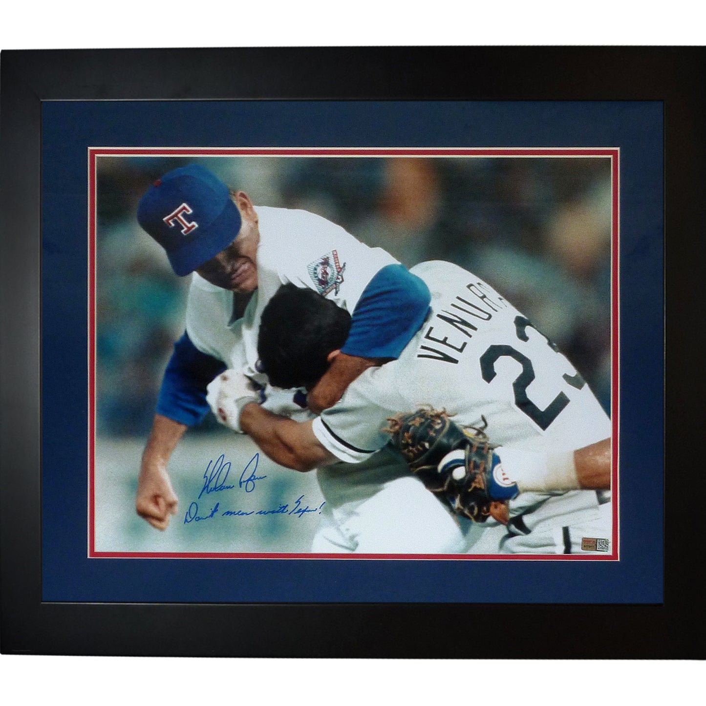 Nolan Ryan Autographed Texas Rangers (Punching Ventura) Deluxe Framed 16x20 Photo w/ Don't Mess With Texas - Ryan Holo