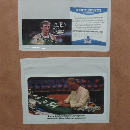Larry Bird Signed 32x36 Custom Framed Jersey Display with Larry Bird #33  Jersey Retirement Night Pin (PSA COA)