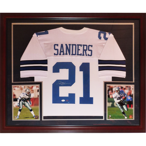 Deion Sanders Autographed Dallas Cowboys (White #21) Deluxe Framed Jersey - JSA