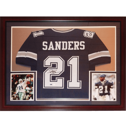 Deion Sanders Autographed Dallas Cowboys (Blue #21) Deluxe Framed Jersey - JSA