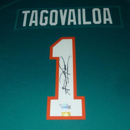 Tua Tagovailoa Autographed Miami Dolphins (Teal #1 Throwback) Deluxe Framed Nike Jersey - Fanatics