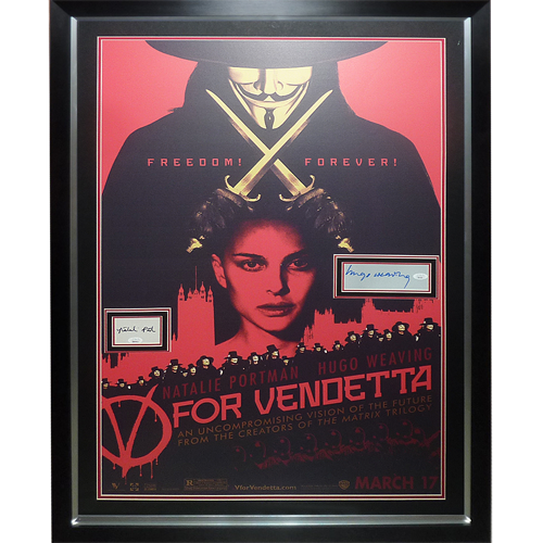 V for Vendetta Full-Size Movie Poster Deluxe Framed with Hugo Weaving and Natalie Portman Autographs - JSA