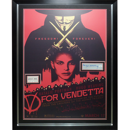V for Vendetta Full-Size Movie Poster Deluxe Framed with Hugo Weaving and Natalie Portman Autographs - JSA