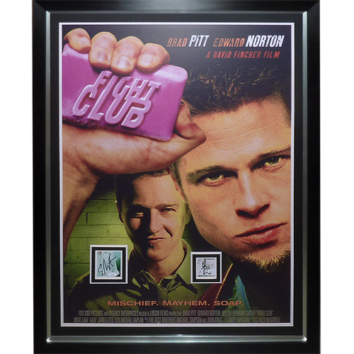 Fight Club Full-Size Movie Poster Deluxe Framed with Brad Pitt and Edward Norton Autographs - JSA