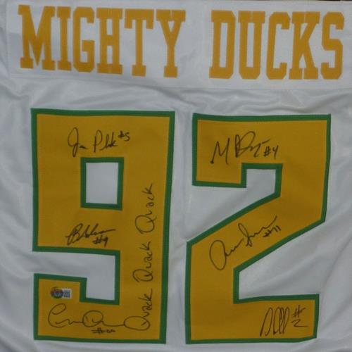 Mighty Ducks Cast Autographed (Green #92) Custom Hockey Jersey w/ Ducks Fly  Together - 6 Signatures - Beckett