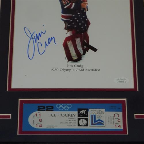 FRAMED Autographed/Signed JIM CRAIG 33x42 White USA Hockey Jersey