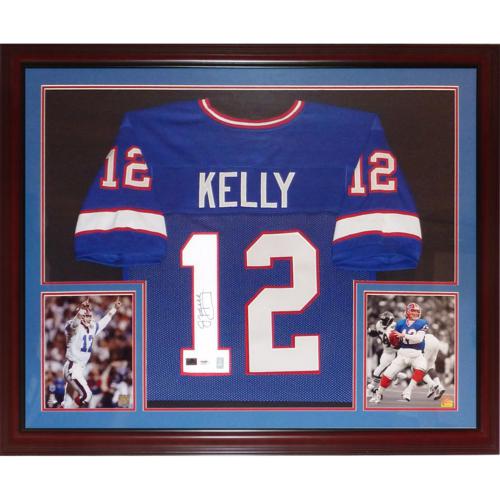 Jim Kelly Autographed Buffalo Bills (Blue #12) Deluxe Framed Jersey - Kelly Holo